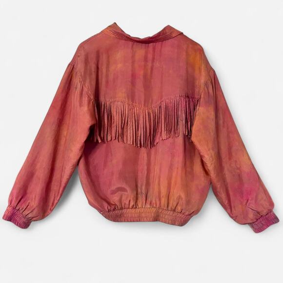 Upcycled OOAK Pink Silk Fringe Bomber Jacket- Size Medium, Artsy, Western - Picture 4 of 6